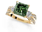 3 Stone Engagement Ring Setting for Fancy Green Princess Cut Center with Pave Twist Band and Prong Head in Yellow Gold