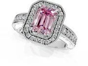 Milgrain Halo Engagement Ring Setting for Fancy Pink Emerald Cut Center with Pave Band and Prong Head in Platinum
