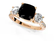 3 Stone Engagement Ring Setting for Fancy Black Cushion Cut Center with Crossover Basket, Pave Band and Prong Head in Rose Gold