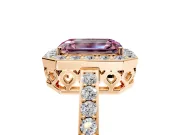 Halo Engagement Ring Setting for Fancy Pink Emerald Cut Center with Heart-Shaped Openwork, Pave Band and Prong Head in Rose Gold