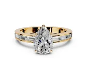 Solitaire Engagement Ring Setting for Pear-Shaped Center with Channel Baguette Band and Prong Head in Yellow Gold