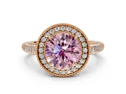 Milgrain Halo Engagement Ring Setting for Fancy Pink Round Cut Center with Three-Sided Pave Band and Prong Head in Rose Gold
