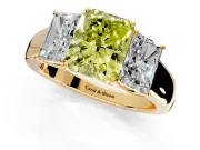 3 Stone Engagement Ring Setting for Fancy Yellow Radiant Cut Center with Raised Basket Heads and Prong Head in Yellow Gold
