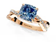 Solitaire Engagement Ring Setting for Fancy Blue Cushion Cut Center with Half-Pave Crossover Band and Prong Head in Rose Gold