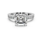 Solitaire Engagement Ring Setting for Asscher Cut Center with Milgrain-Edged Pave Band and Prong Head in Platinum