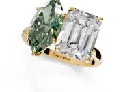 Fancy Green Marquise and Emerald Cut Lab-Grown Diamond Toi et Moi Engagement Ring with Prong-Set Stones in Yellow Gold