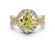 Halo Engagement Ring Setting for Fancy Yellow Pear-Shaped Center with Pave Infinity Twist Band and Prong Head in Yellow Gold