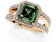 Halo Engagement Ring Setting for Fancy Green Asscher Cut Center with Wide-Open Pave Split Shank and Prong Head in Rose Gold