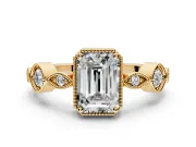 Vintage Station Engagement Ring Setting for Emerald Cut Center with Accents and Prong Head in Yellow Gold
