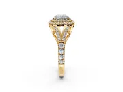 Double Halo Engagement Ring Setting for Cushion Cut Center with Narrow Pave Split Shank and Prong Head in Yellow Gold
