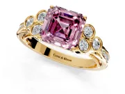Cluster Engagement Ring Setting for Fancy Pink Asscher Cut Center with Bezel Accent Clusters and Prong Head in Yellow Gold