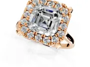 Single Halo Engagement Ring Setting for Asscher Cut Center with Corner Claws, Plain Band and Prong Head in Rose Gold