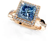 Halo Engagement Ring Setting for Fancy Blue Princess Cut Center with Pave and Plain Twist Band and Prong Head in Rose Gold