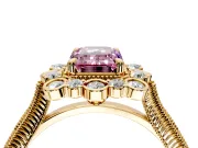 Milgrain Halo Engagement Ring Setting for Fancy Pink Emerald Cut Center with Bezel Point Accents and Prong Head in Yellow Gold