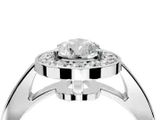 Bezel-Framed Halo Engagement Ring Setting for Pear-Shaped Center with Pave Band and Prong Head in White Gold
