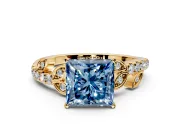 Leaf Motif Engagement Ring Setting for Fancy Blue Princess Cut Center with Pave Band and Prong Head in Yellow Gold