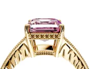 Engraved Engagement Ring Setting for Fancy Pink Asscher Cut Center with Milgrain Pave Band and Prong Head in Yellow Gold