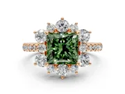 Floral Halo Engagement Ring Setting for Fancy Green Princess Cut Center with Pave Accents and Prong Head in Rose Gold
