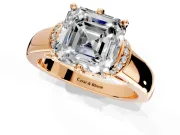 Solitaire Engagement Ring Setting for Asscher Cut Center with Wide Band, Pave Collar and Prong Head in Rose Gold