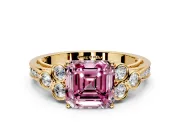 Cluster Engagement Ring Setting for Fancy Pink Asscher Cut Center with Bezel Accent Clusters and Prong Head in Yellow Gold