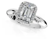 Halo Engagement Ring Setting for Emerald Cut Center with Tapered Plain Band and Prong Head in Sterling Silver