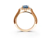 Milgrain Halo Engagement Ring Setting for Fancy Blue Radiant Cut Center with Bezel Point Accents and Prong Head in Rose Gold