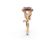 Halo Engagement Ring Setting for Fancy Pink Radiant Cut Center with Leaf Motif Split Shank and Prong Head in Rose Gold