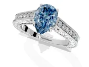 Solitaire Engagement Ring Setting for Fancy Blue Pear-Shaped Center with Engraved Pave Band and Prong Head in Platinum