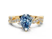 Solitaire Engagement Ring Setting for Fancy Blue Pear-Shaped Center with Bar-Station Pave Twist and Prong Head in Yellow Gold