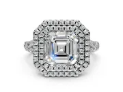 Double Halo Engagement Ring Setting for Asscher Cut Center with Narrow Pave Split Shank and Prong Head in Platinum