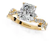 Solitaire Engagement Ring Setting for Radiant Cut Center with Bar-Station Pave Twist and Prong Head in Yellow Gold