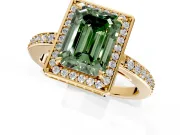 Halo Engagement Ring Setting for Fancy Green Emerald Cut Center with Metal-Rimmed Halo, Pave Band and Prong Head in Yellow Gold
