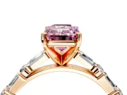 Baguette Engagement Ring Setting for Fancy Pink Emerald Cut Center with Alternating Bar-Set Band and Prong Head in Rose Gold