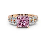Cluster Engagement Ring Setting for Fancy Pink Princess Cut Center with 2-Row Shoulder Clusters and Prong Head in Rose Gold