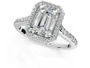 Halo Engagement Ring Setting for Emerald Cut Center with Pave Accents, Heart Basket and Prong Head in Sterling Silver