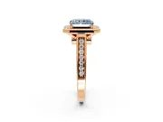 Halo Engagement Ring Setting for Fancy Blue Emerald Cut Center with Outer Bezel Rim, Pave Band and Prong Head in Rose Gold