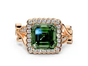 Halo Engagement Ring Setting for Fancy Green Asscher Cut Center with Leaf Motif Split Shank and Prong Head in Rose Gold