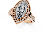 Halo Engagement Ring Setting for Marquise Center with Outer Bezel Rim, Pave Band and Prong Head in Rose Gold