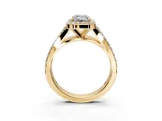 Halo Engagement Ring Setting for Emerald Cut Center with Narrow Pave Split Shank and Prong Head in Yellow Gold