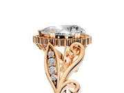 Halo Engagement Ring Setting for Pear-Shaped Center with Leaf Motif Split Shank and Prong Head in Rose Gold