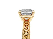 Solitaire Engagement Ring Setting for Cushion Cut Center with Scrollwork Band and Prong Head in Yellow Gold