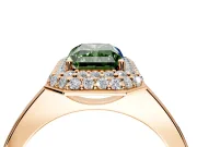 Halo Engagement Ring Setting for Fancy Green Radiant Cut Center with Plain Tapered Band and Prong Head in Rose Gold