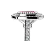 Halo Engagement Ring Setting for Fancy Pink Emerald Cut Center with Milgrain Frame, Pave Band and Prong Head in Platinum