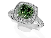 Milgrain Halo Engagement Ring Setting for Fancy Green Cushion Cut Center with Three-Sided Pave Band and Prong Head in Platinum