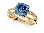 Solitaire Engagement Ring Setting for Fancy Blue Cushion Cut Center with Pave and Plain Crossover Band and Prong Head in Yellow Gold