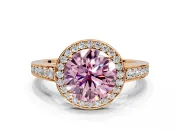 Bezel-Framed Halo Engagement Ring Setting for Fancy Pink Round Cut Center with Pave Band and Prong Head in Rose Gold