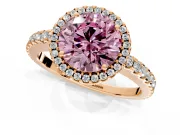 Accent Halo Engagement Ring Setting for Fancy Pink Round Cut Center with Full-Length Pave Band and Prong Head in Rose Gold