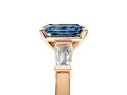 3 Stone Engagement Ring Setting for Fancy Blue Emerald Cut Center with Channel Baguette Accents and Prong Head in Rose Gold