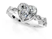 Vintage Station Engagement Ring Setting for Heart-Shaped Center with Accents and Prong Head in Platinum