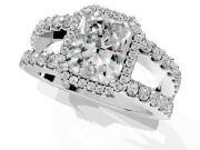 Halo Engagement Ring Setting for Radiant Cut Center with Wide-Open Pave Split Shank and Prong Head in Platinum